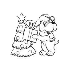 A dog with a gift and a tree