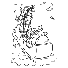 Weihnachtsmann auf einem Schlitten mit Hirsch, Nachthimmel und Sternen