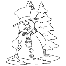 Schneemann mit Schaufel und Vogel auf Hut