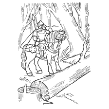 coloring page: Drawing in the coloring book Russian folk tales depicting a hero on a horse and a fallen tree.