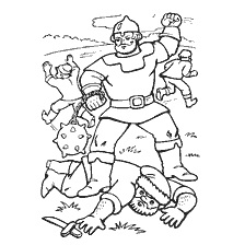 coloring page: Ilya Muromets with combat weapons, defeated the enemy with a sword on the ground.