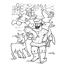 coloring page: Illustration for Russian folk tales depicting characters and animals.