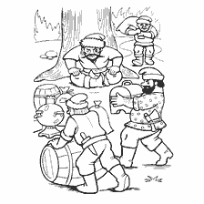 coloring page: Looted good: men with bags and barrels.