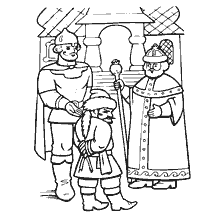 coloring page: A scene from a Russian folk tale where the Nightingale Robber is brought to the Tsar
