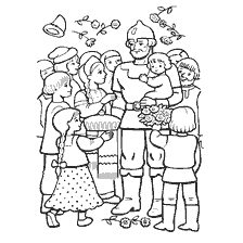 coloring page: Children thank Ilya with flowers and gifts