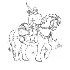 coloring page: Drawing of a hero on a horse from a Russian folk tale