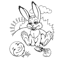 coloring page: Hare sees Kolobok in the background of nature