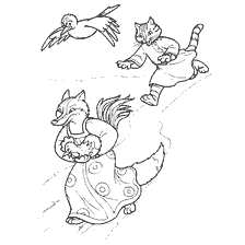 coloring page: Coloring with characters of Russian folk tales: fox, cat and bird