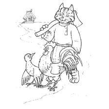 coloring page: Picture with a cat, a thrush and a rooster from a Russian folk tale