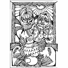 coloring page: Drawing from the coloring book Russian folk tales, depicting the characters of the fairy tale Chicken Ryaba.