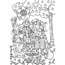 coloring page: Grandfather and woman with a chicken with a ripple against the background of nature