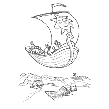 coloring page: Coloring picture Flying ship with heroes and landscape