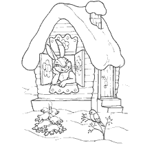coloring page: Coloring picture Lubyan hut with a hare at the window