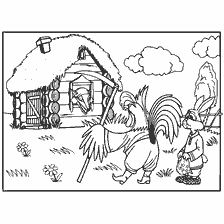 coloring page: Drawing from the coloring book Russian folk tales, where the cockerel chases the fox