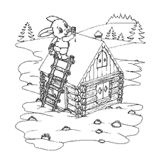 coloring page: Bunny on the stairs builds a hut in the forest
