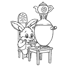 coloring page: A bunny sits at a table and eats from a cup next to a samovar