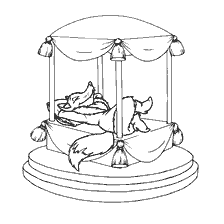 coloring page: Drawing of a fox resting in a hut