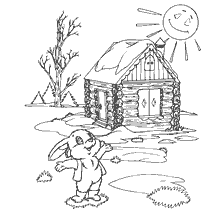 coloring page: Drawing of a hare and a hut against the background of the spring sun