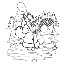 coloring page: Coloring picture of a fox in a fur coat next to an ice hut