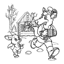 coloring page: A wolf with an accordion runs away from a hare in a Russian folk tale