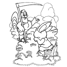 coloring page: Bunny talking to a cockerel in the background of the forest.