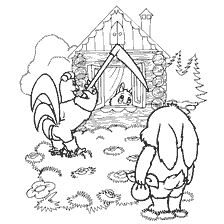 coloring page: Illustration from the tale of the Cockerel and the Fox, where the Cockerel chases a fox, standing at the hut.