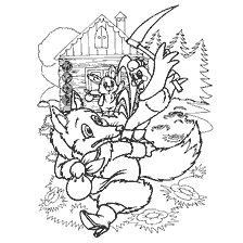 coloring page: Illustration from a Russian folk tale depicting a fox and its opponents