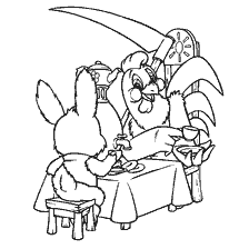coloring page: Coloring Rooster and Bunny, sitting at the table