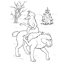 coloring page: Illustration from a coloring book with a fox and a wolf in the winter forest
