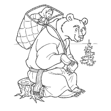 coloring page: A bear with a girl in a basket on his back sits on a stump