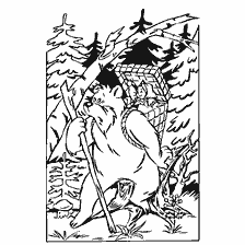 coloring page: Mary in a box on the back of a bear in the forest