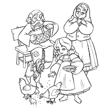 coloring page: Picture from the coloring book with granddaughter Masha, grandfather and grandmother, feeding chickens.