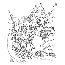 coloring page: Mashenka and girls collect mushrooms and berries in the forest