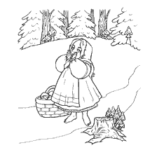 coloring page: Mashenka got lost in the forest, standing with a basket and looking out into the distance.