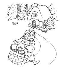 coloring page: A girl with a basket approaches the hut of a bear
