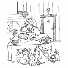coloring page: Mashenka cooks cakes, rabbits sit around her.