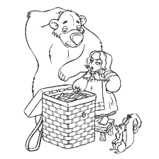 coloring page: Illustration to the Russian folk tale with a bear and a girl at a box with cakes