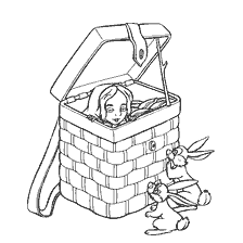 coloring page: Masha is hiding in a box, and next to it is a fluffy bunny