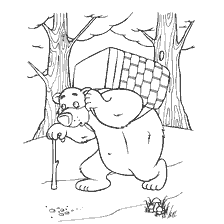 coloring page: A bear carries a box in the forest