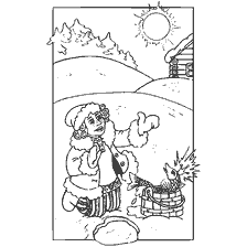 coloring page: Drawing of Emeli at a blacksmith with a magical fish