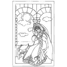 coloring page: Drawing of Princess Nesmeyan in a window with clouds in the background