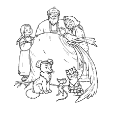 coloring page: Drawing from a coloring book on the theme of the Russian folk tale Repka with characters and turnips
