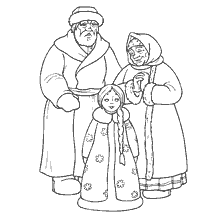 coloring page: Coloring Snow Maiden with grandparents from Russian folk tales.