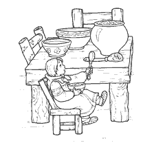 coloring page: Coloring picture of a girl in a village house