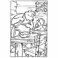 coloring page: The bear and the hare sit at the table, the bear leans towards the hare with a cup.