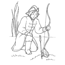coloring page: Ivan Tsarevich, kneeling with a bow near a frog