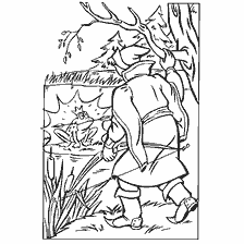 coloring page: A man with a sword looks at a frog in the grass