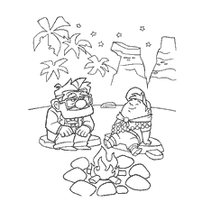 página para colorear: Dos personajes se sientan bajo un fuego bajo las estrellas rodeadas de palmeras.