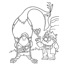 página para colorear: ¡Carl y Russell de Up! en el libro para colorear, Carl sosteniendo un bastón y Russell con una mochila.