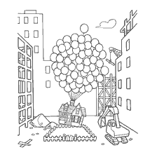 página para colorear: Casa de color que se levanta en el aire en globos contra el fondo de la ciudad